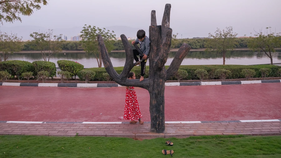 Boy and girl climbing tree trunk on the corniche outside wellspring private school early childhood center