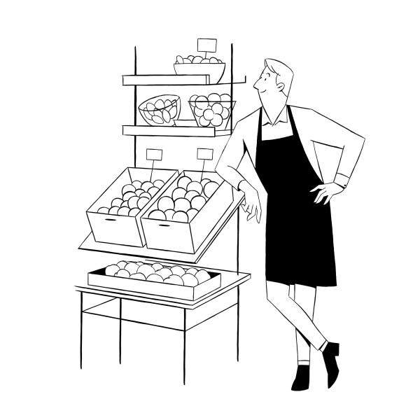 Illustration of market stallholder for the wellspring private school contact