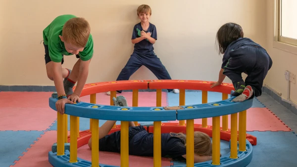 Elementary students playing inside wellspring private school early childhood play room
